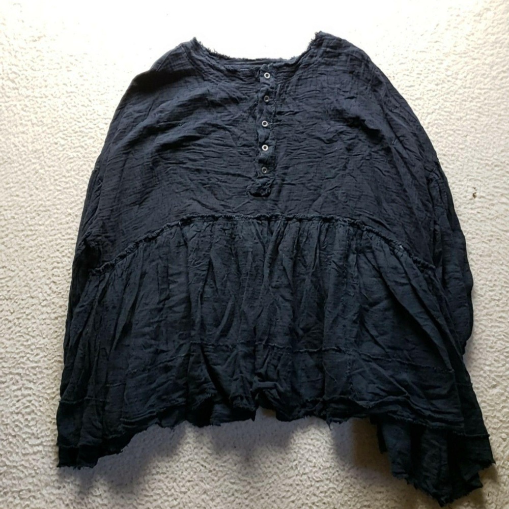 We The Free Blouse Womens Small Black Henley Long Sleeve Solid Woven Tunic Top